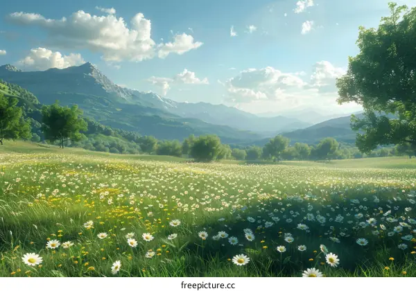 Daisies Blooming in a Field with Majestic Mountains