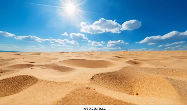 A vast expanse of sand dunes under a bright blue sky