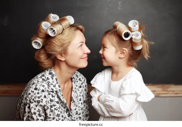 Mother and daughter with hair rollers smiling together in room