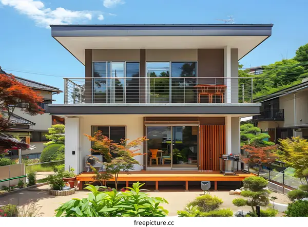 Modern Japanese Home with Wooden Deck and Balcony