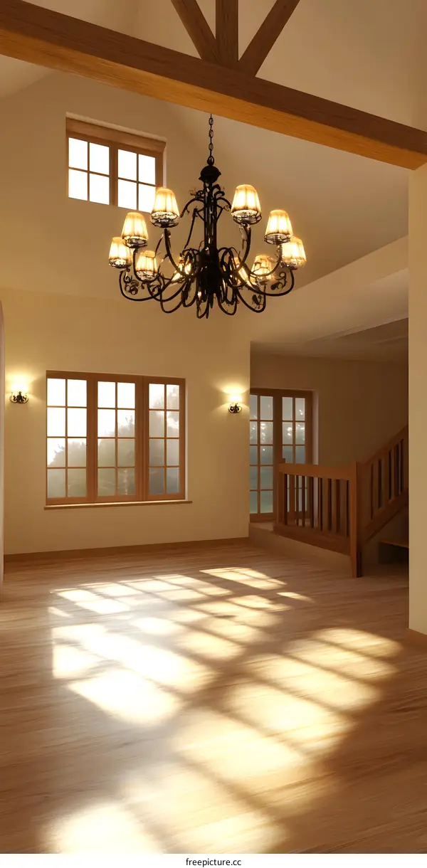 Modern Home Interior Design with Wooden Beam Ceiling and Chandelier