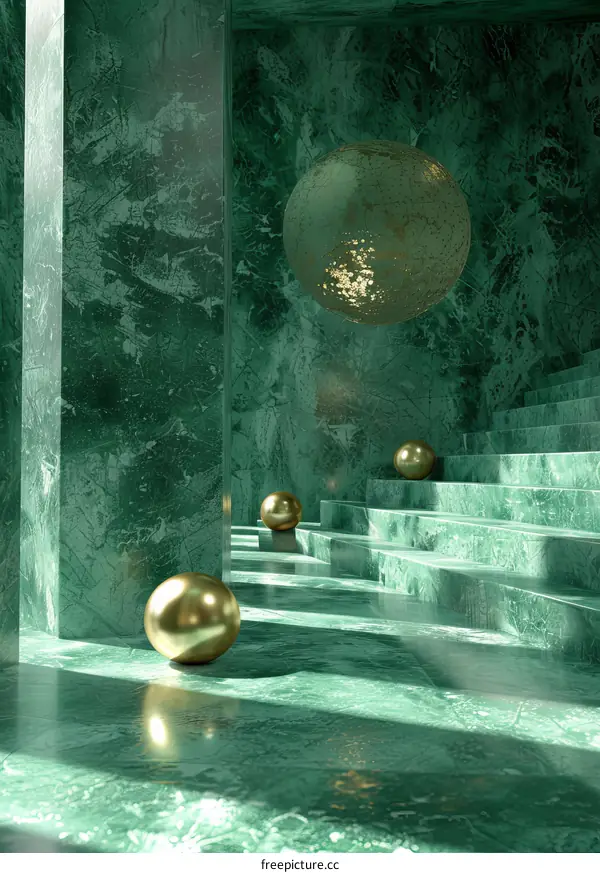 Emerald Green Marble Hallway with Golden Spheres