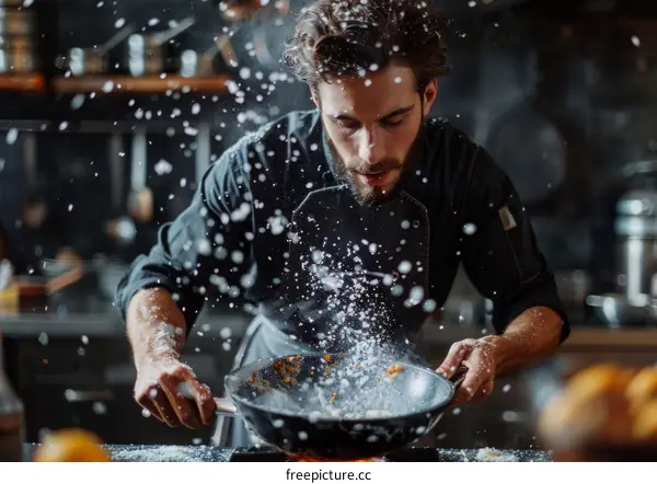 Focused male chef tossing and sprinkling salt in a wok