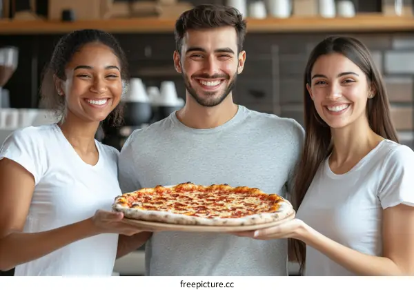 Happy People Holding a Delicious Pizza