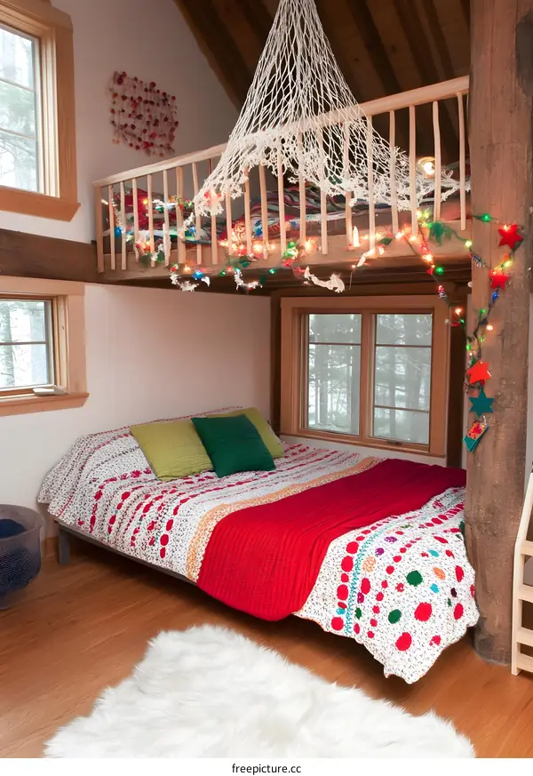 Cozy and Festive Bedroom with a Loft Bed and String Lights