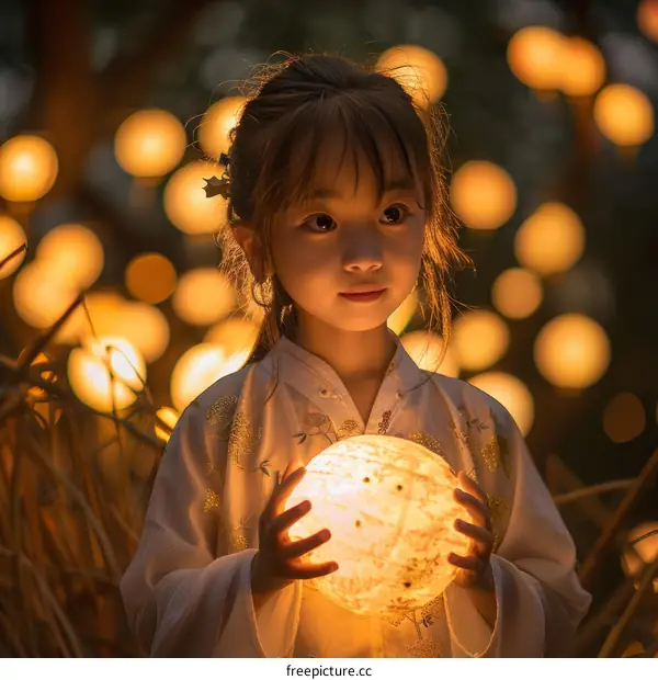 A young girl holding a glowing ball of light in a dark forest