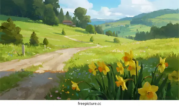 Beautiful Spring Landscape with Green Hills and Daffodils