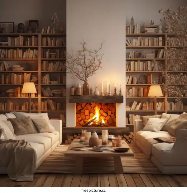 Cozy Living Room with Fireplace and Bookshelves