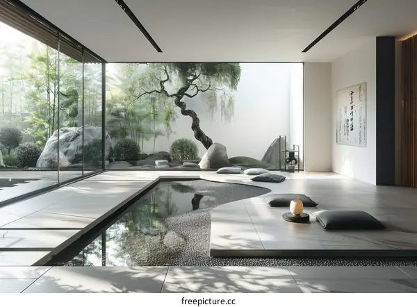 Japanese Zen Garden with a Rock Garden and a Small Pond