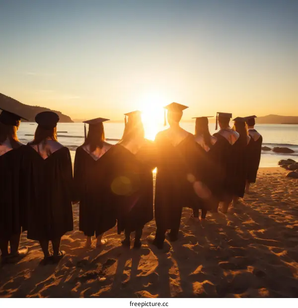 A group of diverse college graduates in caps and gowns watch the sunrise over the ocean