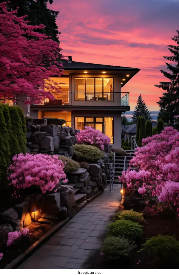 Luxury Home with Blooming Pink Garden