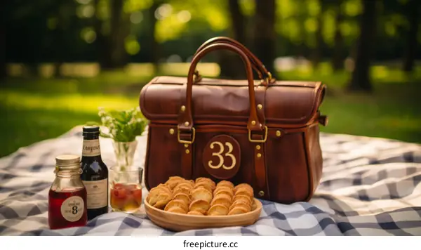 Pastry-Filled Picnic Basket on Checkered Tablecloth in Park