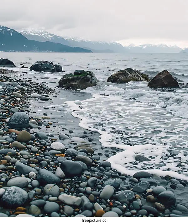 Rocky Beach with Mountain View and Foamy Waves