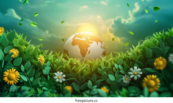 Green earth with growing plants and flowers under sunlight