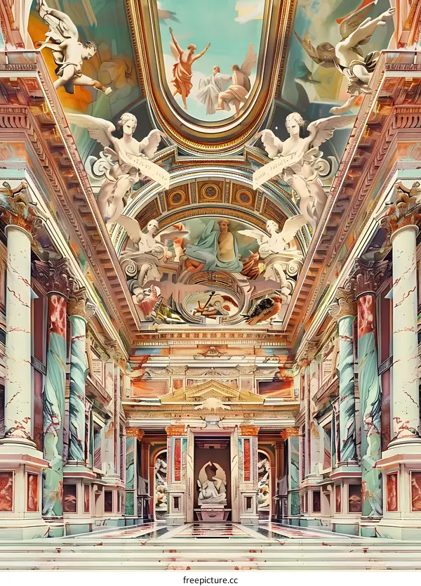 Interior Design with Beautiful Fresco Art on the Ceiling