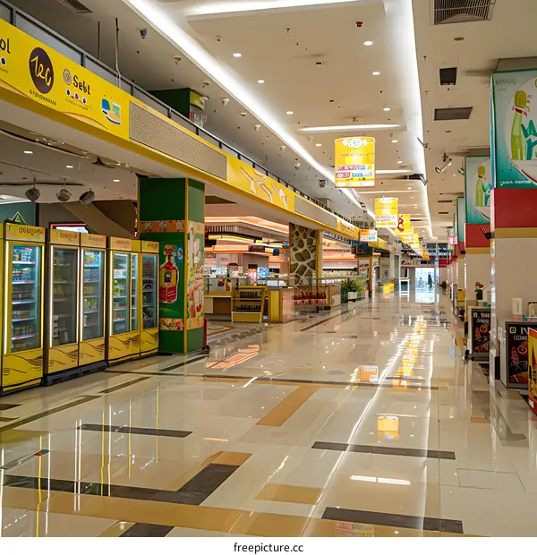 Empty Supermarket Aisle with Yellow and Green Colors