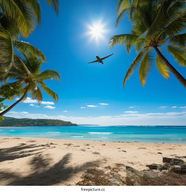 airplane flying over palm trees on tropical beach