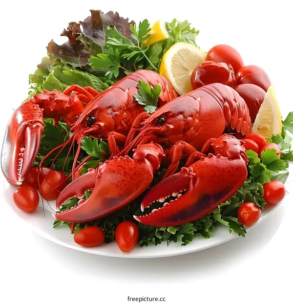 Fresh and delicious lobsters on a white plate with lemon wedges and parsley