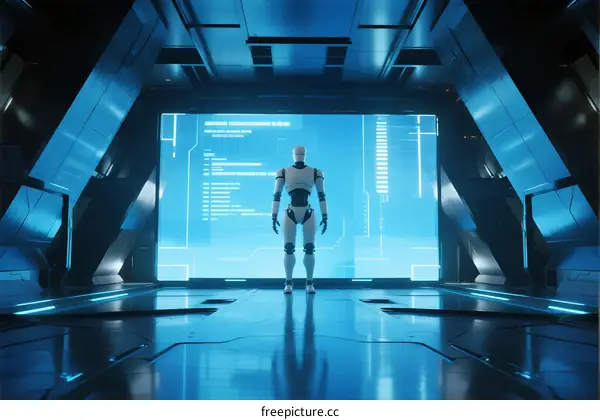 Futuristic Robot Standing in High Tech Control Room