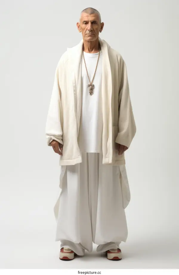 Portrait of a bald man in white clothes