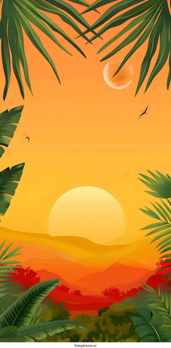 Tropical Sunset Landscape Illustration