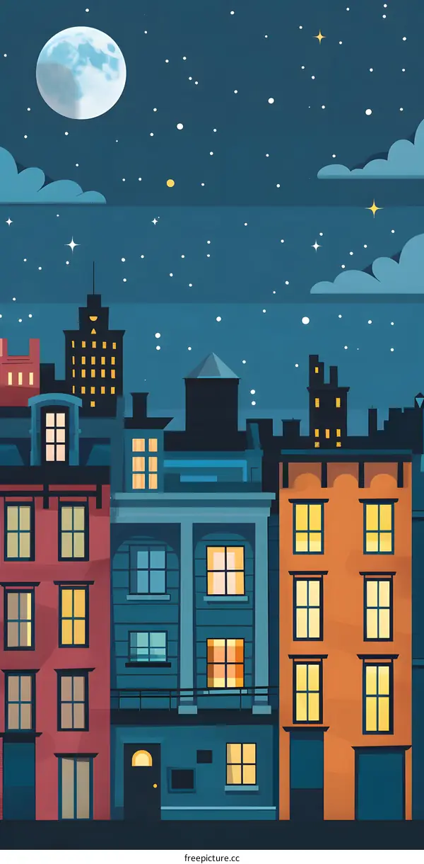 Night Cityscape with Moon and Stars Illustration