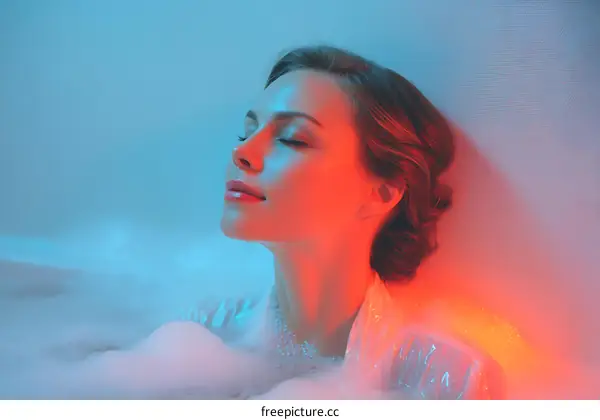 Relaxing Woman in a Bathtub with Neon Lighting
