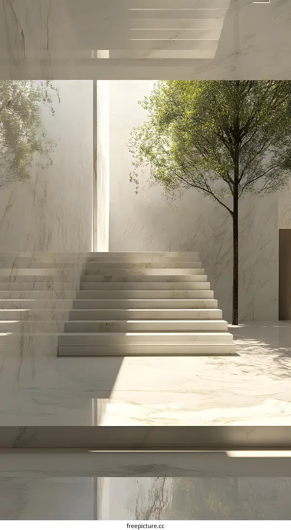 White Marble Stairs in Modern Building with Greenery