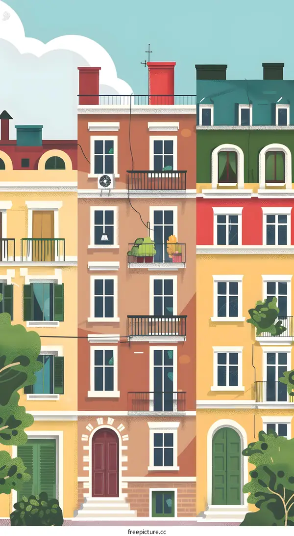 Colorful Building Facade with Balconies and Windows Illustration