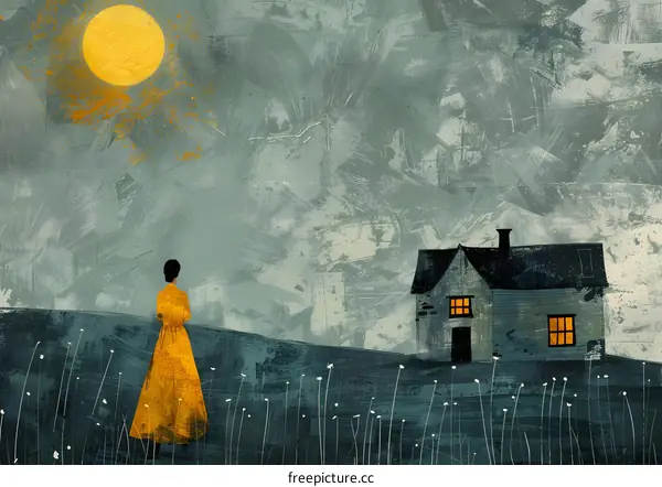 A woman standing alone in a field of wheat looks at the moon