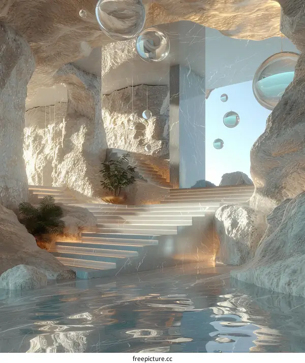 Abstract Cave Interior Design with Water and Stairs