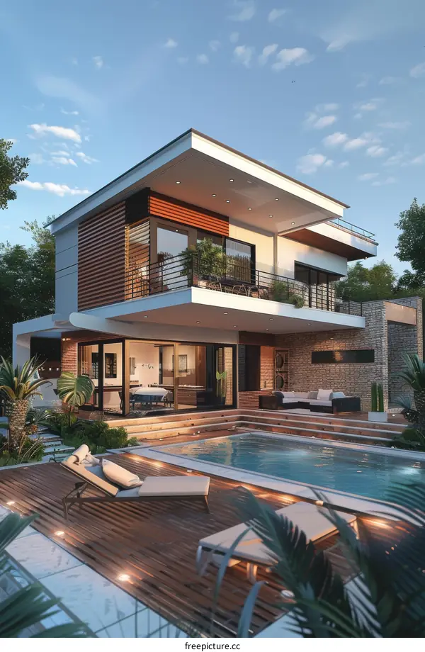 Modern house with swimming pool at sunset