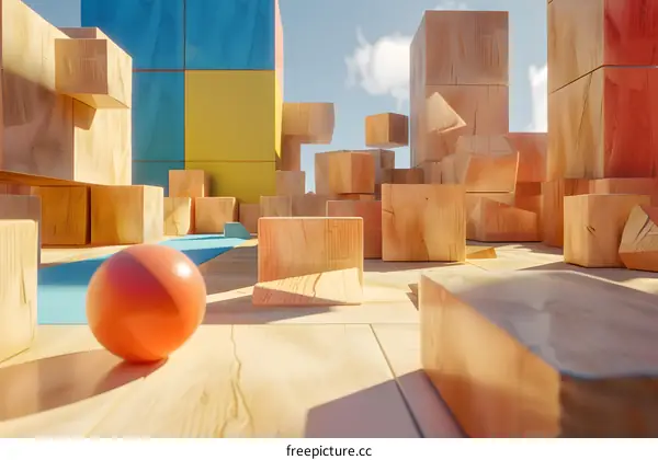 Abstract Wooden Blocks and Sphere in a Surreal Cityscape