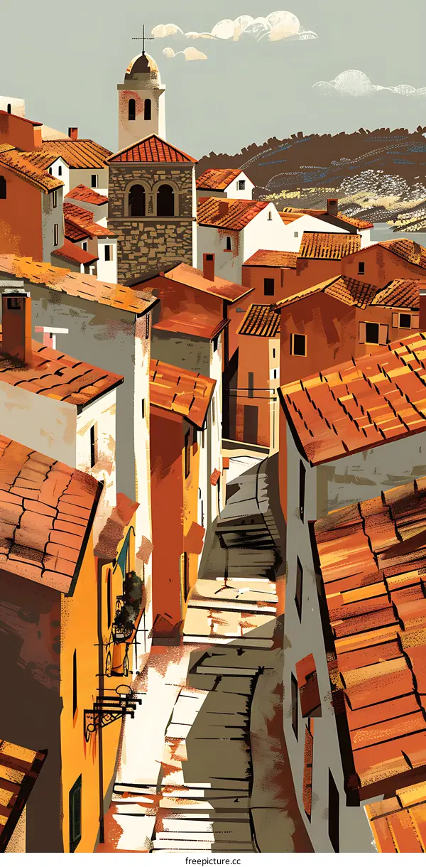 Top View of a European Town with Red Tile Roofs