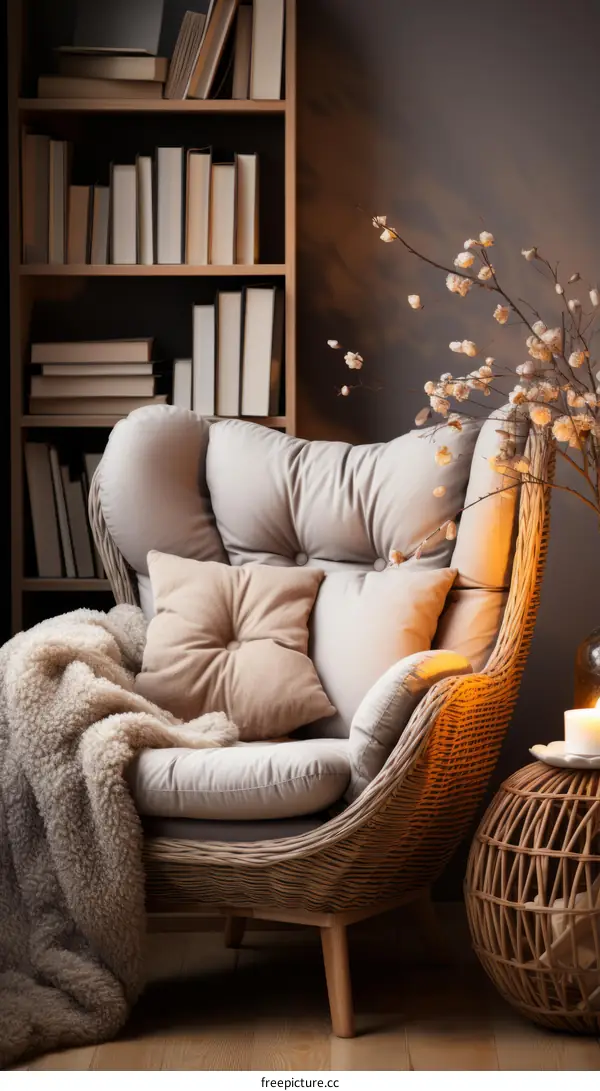 Cozy Living Room with Armchair, Books, and Warm Atmosphere