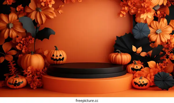 Halloween Display with Pumpkins and Paper Flowers