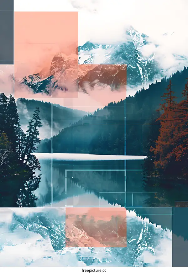 Mountain Lake Collage with Blue and Pink Tones