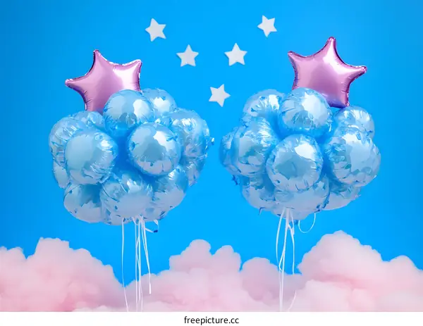 Blue Balloons in the Shape of Clouds with Pink Stars on Top
