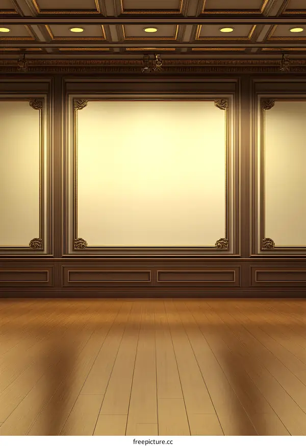 Empty Room with Gold Trim and Wood Panels