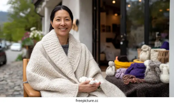 Asian Woman Wearing Knitted Wrap Outdoor Shop