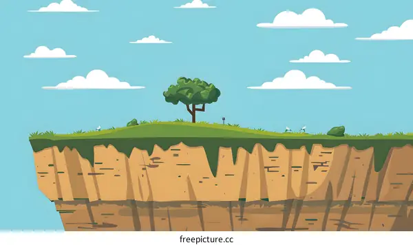 Cartoon Cliff with Tree and Clouds