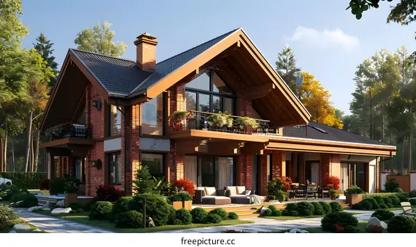 Modern Brick House with Large Windows and Patio