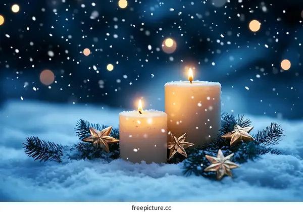 Winter Night Candles in Snow