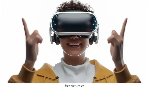 Smiling woman wearing virtual reality headset and headphones