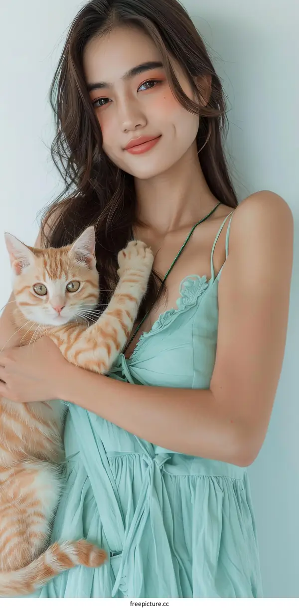A woman in a green dress is holding an orange cat