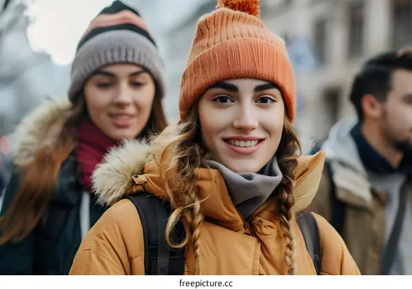 Smiling woman wearing orange knitted hat and brown jacket with fur hood
