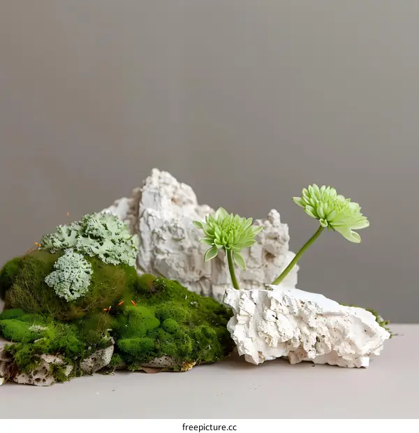 Minimalist Still Life with Green Flowers and Moss on White Rocks