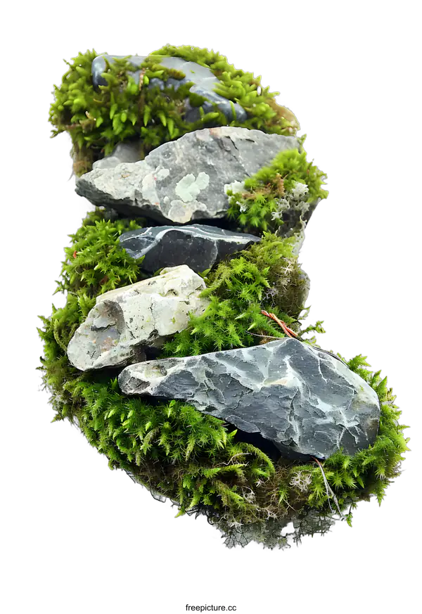 [Transparent Background PNG]Green Moss Covered Rocks On White Background