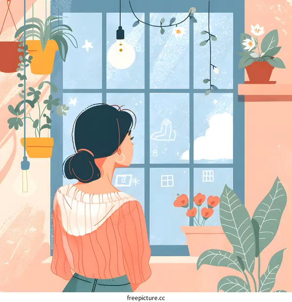 Woman Looking Out Window With Plants