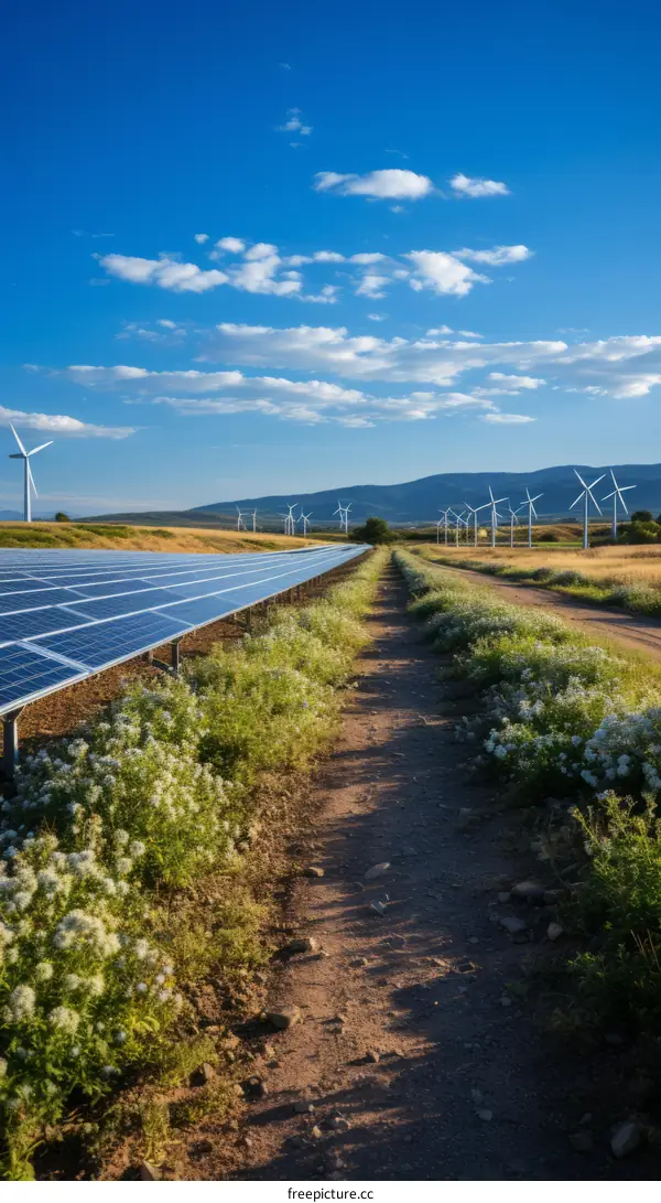 A large solar and wind farm in a rural area